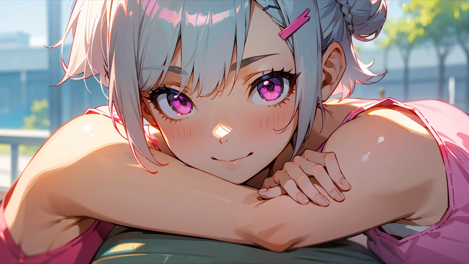 1girl、Short silver bob hair tied in a bun with a hair clip, Pink Eyes、smile、really like、Pink tank top、hot pants、Upper body close-up、Morning Cafe Terrace、Background blur, Written boundary depth