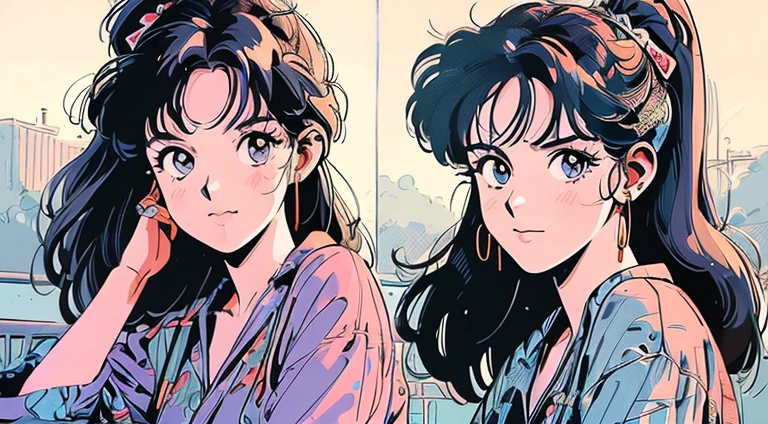 An absurd solution, High resolution, (masterpiece: 1.4), Very detailed, (((Detailed face, Detailed Expression)), One Girl,Girl, friend, best friend, relax, ponytail, Bob, headphone, The background is a food stall, yukata, fun, smile, the 90s, Kyoto Animation, Kyoto Animation atmosphere, Sparkling, shine,City Pop,One woman