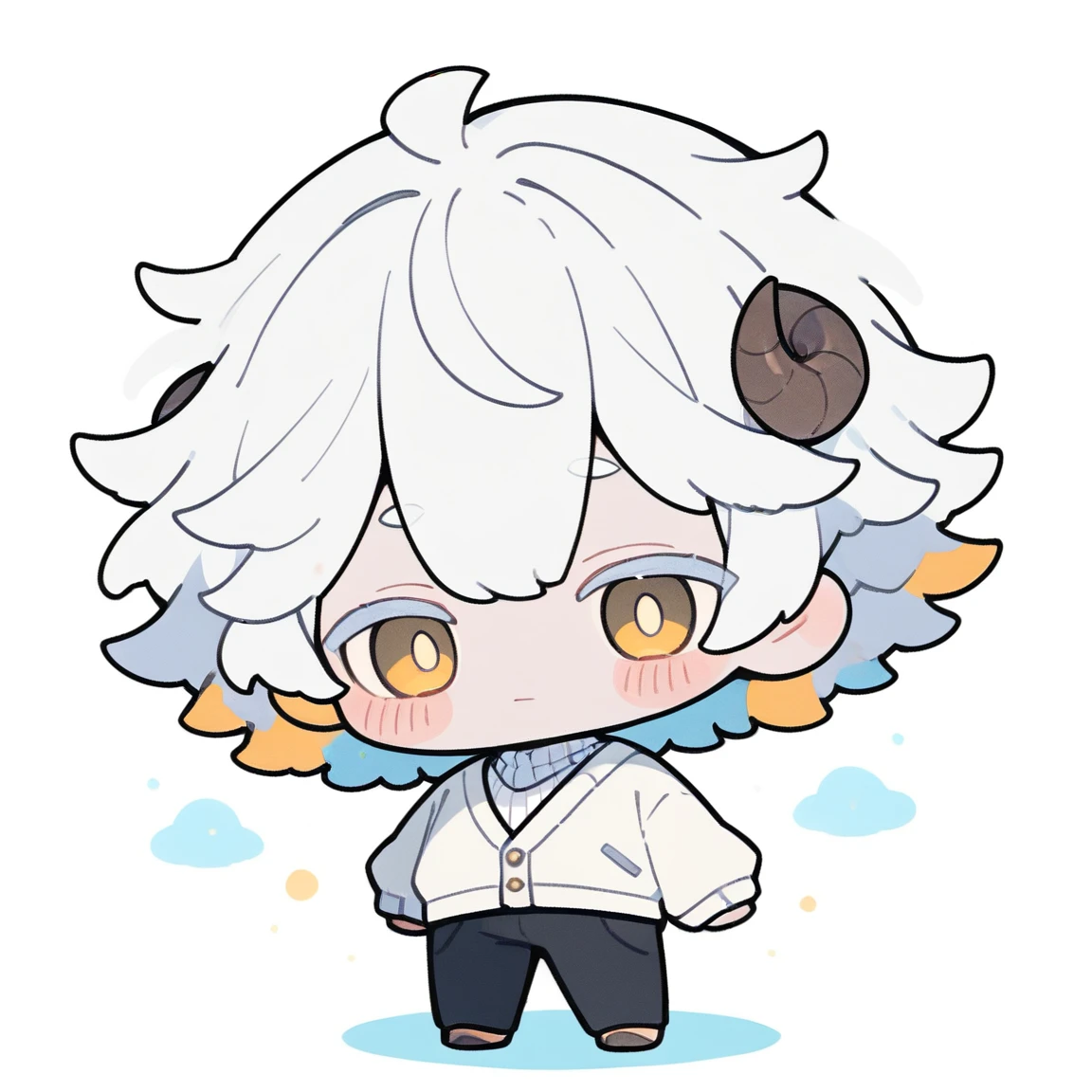 {{full body}} 1boy, chibi, white hair, short hair, yellow eyes, sheep horns, white cardigan, white turtleneck, balck pants, white background, standing