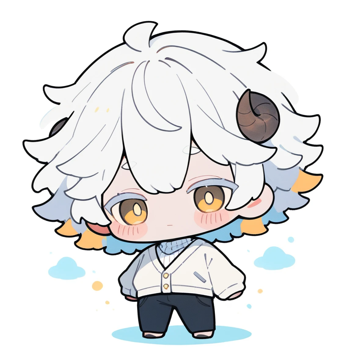 {{full body}} 1boy, chibi, white hair, short hair, yellow eyes, sheep horns, white cardigan, white turtleneck, balck pants, white background, standing