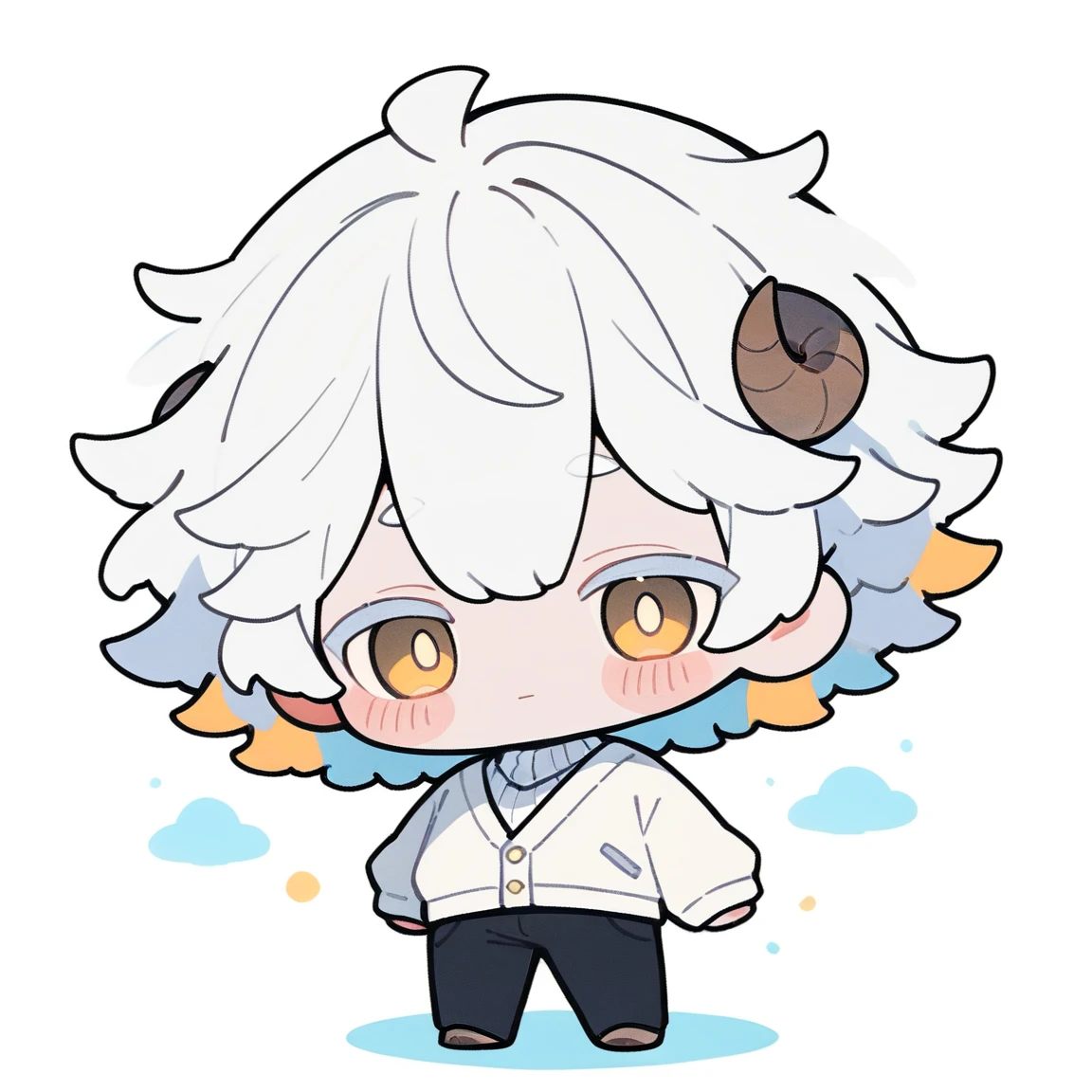 {{full body}} 1boy, chibi, white hair, short hair, yellow eyes, sheep horns, white cardigan, white turtleneck, balck pants, white background, standing