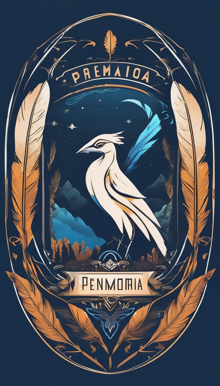 Create a minimalistic, simple, fantastic, easy to understand, logo design of a boy and a feather for an upcoming Role Playing Game called " Penamemoria". The game is about a world of bird and feathers and the inspirational, creative journey of a boy and his acoustic guitar. A boy enters that world and discovers his true artistic identity. Create a logo design that transmits the essence of this videogame and this world. It´s a fantasy game, with fantasy elements. Create the minimalistic logo in the center and a fantasy theme as background. Use the colours blue, white, light golden in the logo.
