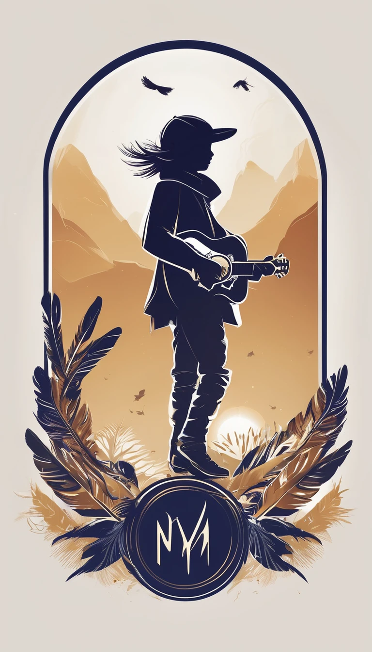 Create a minimalistic, simple, fantastic, easy to understand, logo design of a boy and a feather for an upcoming Role Playing Game called " Penamemoria". The game is about a world of bird and feathers and the inspirational, creative journey of a boy and his acoustic guitar. A boy enters that world and discovers his true artistic identity. Create a logo design that transmits the essence of this videogame and this world. It´s a fantasy game, with fantasy elements. Create the minimalistic logo in the center and a fantasy theme as background. Use the colours blue, white, light golden in the logo.