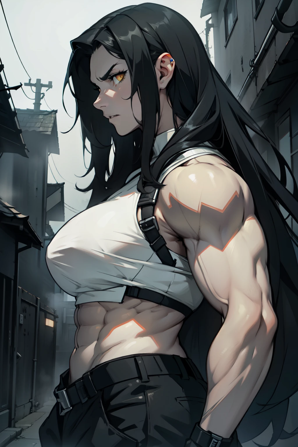 huge  1girl black hair yellow eyes very long hair pale skin angry (((muscular))) dark atmosphere foggy