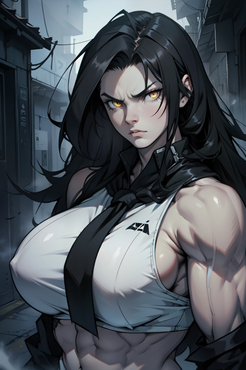 huge  1girl black hair yellow eyes very long hair pale skin angry (((muscular))) dark atmosphere foggy