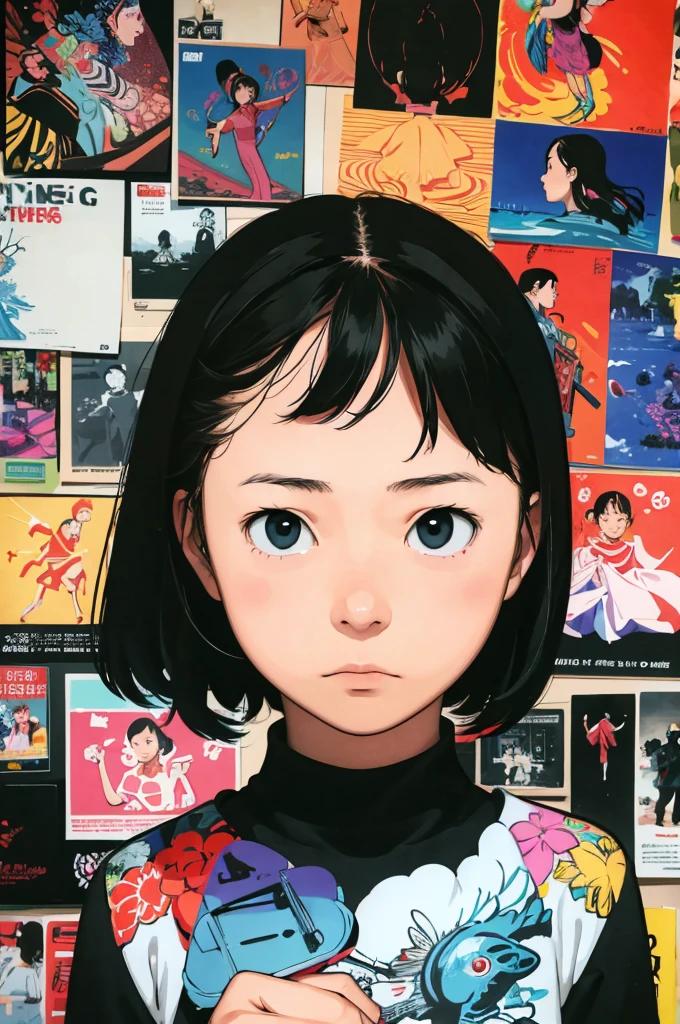 flat color,a girl standing in front of a collage of pictures,collage artwork, nostalgic melancholic artwork, collage art, self photograph collage, inspired by Victo Ngai cmyk palette, collage art background, a contemporary artistic collage,