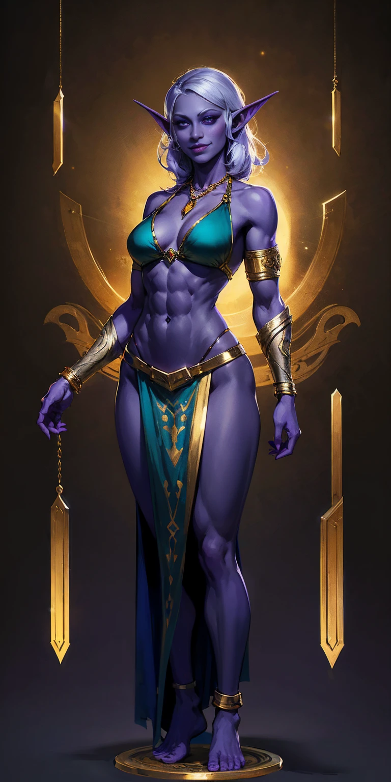 ((1soloMILF drow elf mature)) full body standing barefoot, purple skin, Detailed happy face, purple eyes, by white, gold bikini, well defined six pack abs, Large knockers, gold chain necklace on neck, golden bracers, purple background