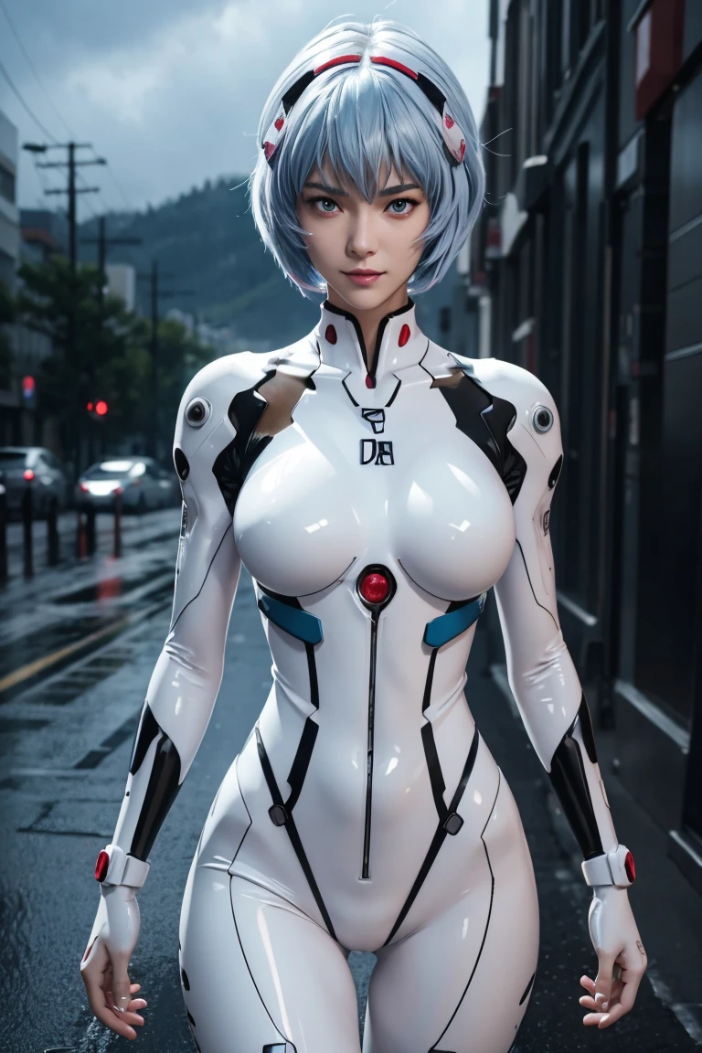 Evangelion,Rei Ayanami,Silver Blue Hair,Red eyes,Red Eyes,Plug Suit,Bodysuits,Interface Headset,白いBodysuits,Ultra HD,super high quality,masterpiece,Digital SLR,Photorealistic,Detailed details,Vivid details,Depicted in detail,A detailed face,Detailed details,Super Detail,Realistic skin texture,Anatomical basis,Perfect Anatomy,Anatomically correct hand,Anatomically correct fingers,Complex 3D rendering,Sexy pose,Rainy Sky,Beautiful scenery,Fantastic rainy sky,Picturesque,Pink Lips,smile,