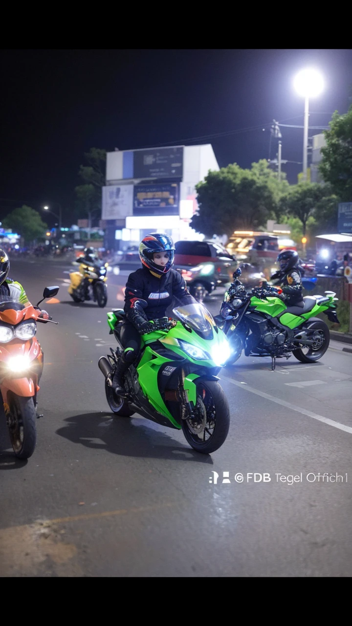 (photore:1.5),(k hd:1.3),(Bokeh:1.5),Motorbike ride through the city under beautiful neon lights and night lights,And drive at a pleasant full throttle,Girl driving motorcycle,A brown-haired,黑The eye,wearing her helmet,It's like a scene in an action movie,Happy expression,Full body like,wide angles