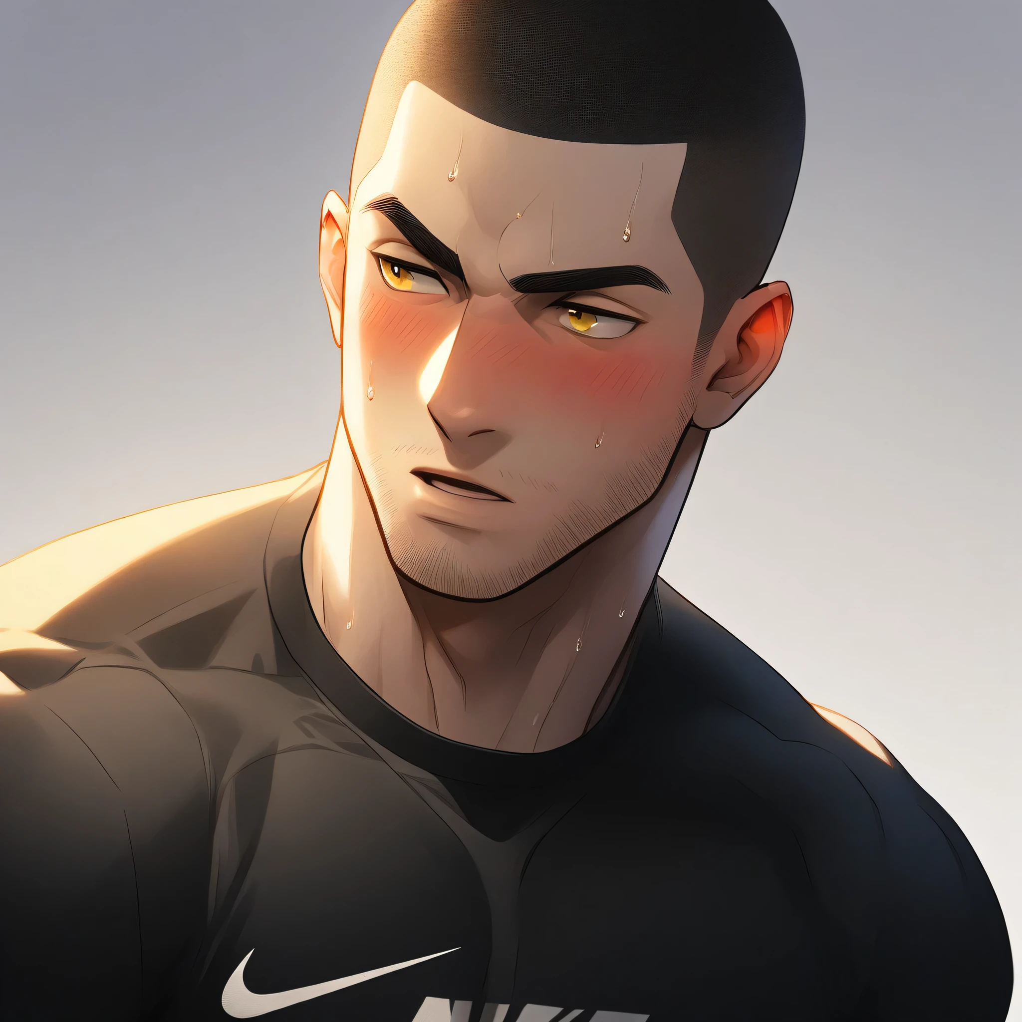 1muscular sportsman, Athlete,male focus, Buzz Cut, Yellow and black tight T-shirt, nike logo,Very tight, muscular male, muscular, only, Upper body, alone, look to the side, short hair, stubble, sweat, black hair, Yellow eyes, open lips, White background, simple background, amazing quality, best aesthetics, Ridiculous, crew cut, moaning, blush, clair obscur, cinematic lighting, best quality, textured skin