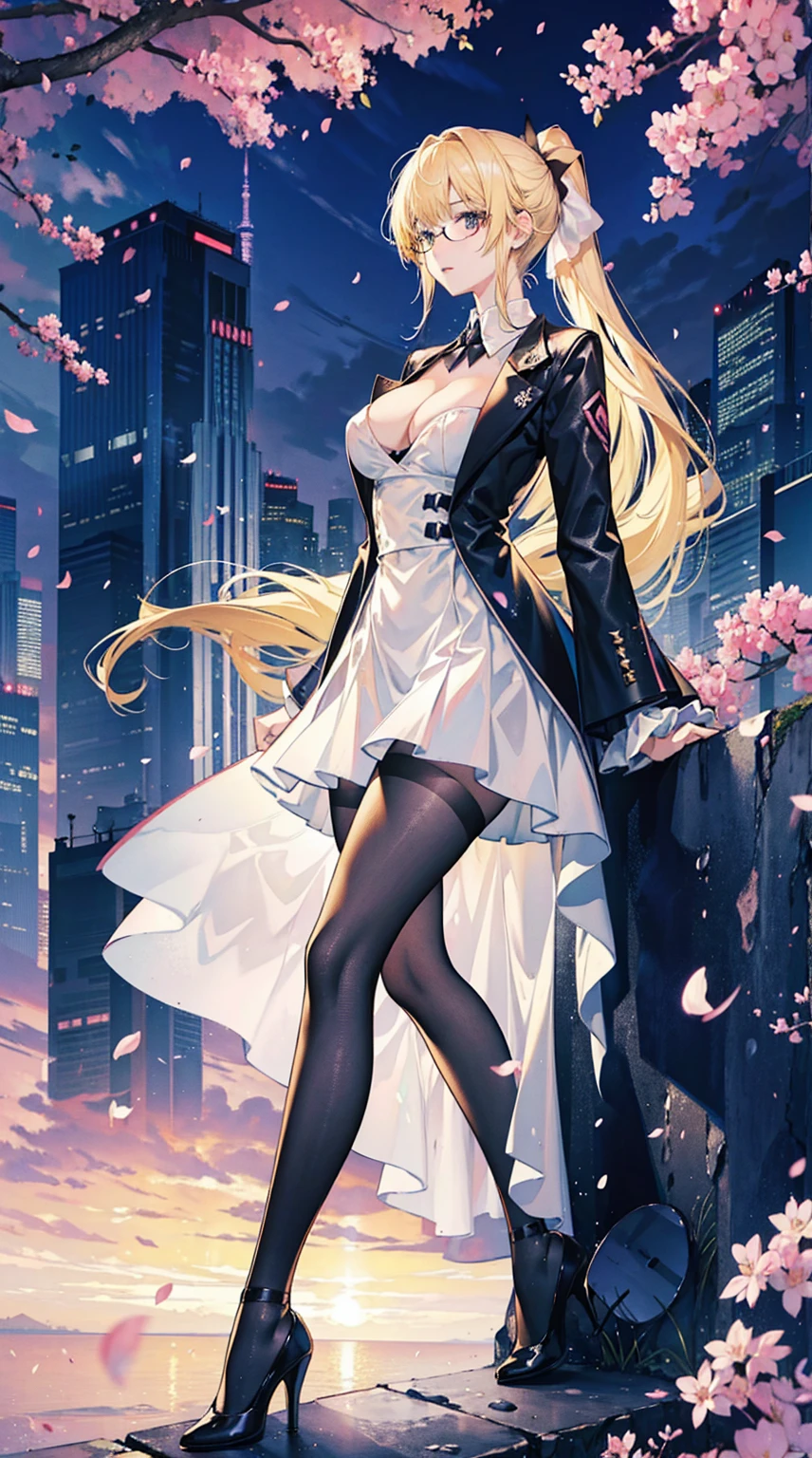 Young and beautiful Kathryn Newton, Glasses, White dress shirt, Very deep neckline, Black Mini Dress, Dark pantyhose, Surreal, 14 years old, Model figure, Large Breasts, Beautiful breasts, Big Ass, Long hair, Ponytail, Blonde hair, Long legs, 8K, futuristic city, Cherry blossoms, sunrise, LED lighting, Anime style, (((Cleavage)))