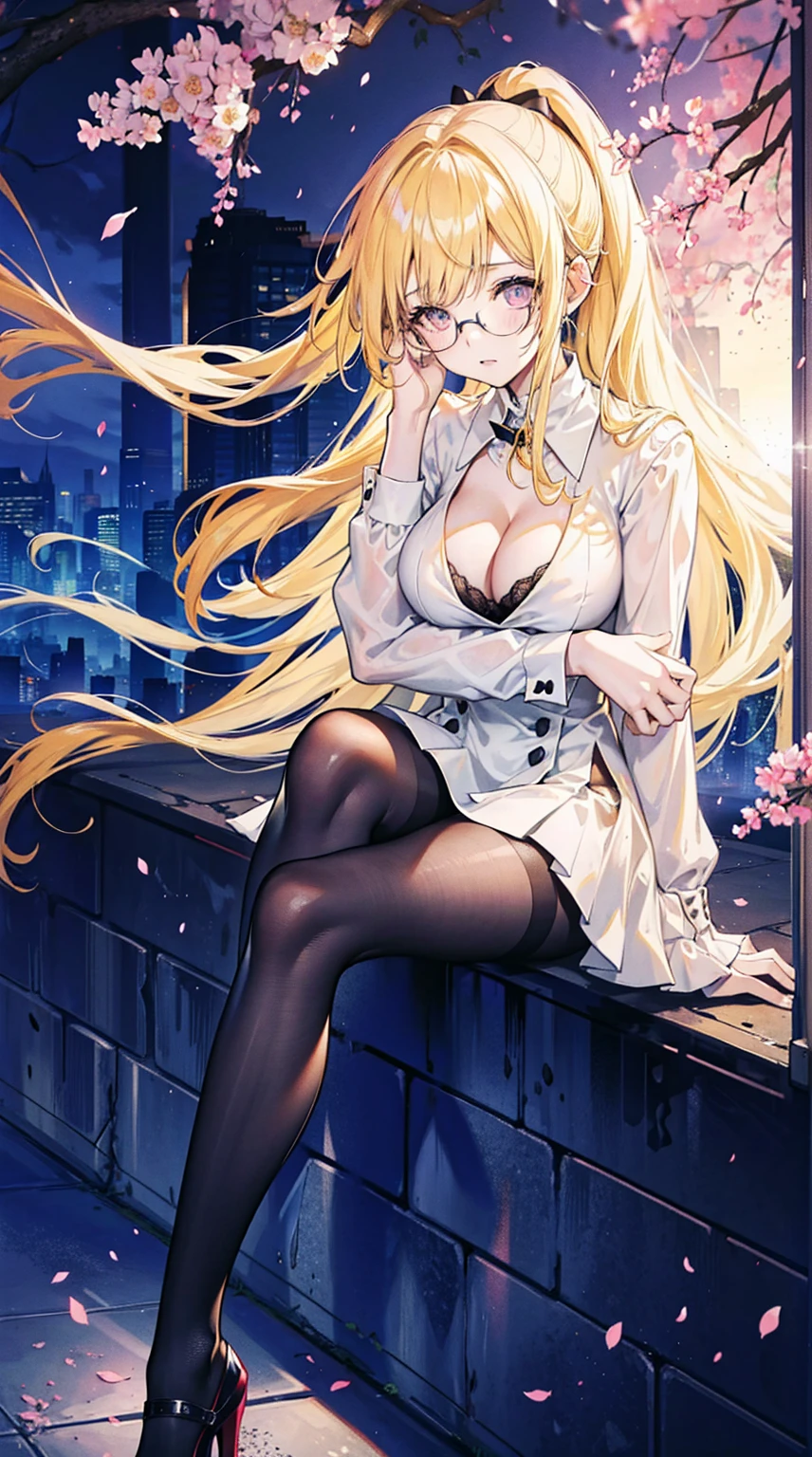 Young and beautiful Kathryn Newton, Glasses, White dress shirt, Very deep neckline, Black Mini Dress, Dark pantyhose, Surreal, , Model figure, Large Breasts, Beautiful breasts, Big Ass, Long hair, Ponytail, Blonde hair, Long legs, 8K, futuristic city, Cherry blossoms, sunrise, LED lighting, Anime style, (((Cleavage))),((Leaning against the wall,Sideways posture))