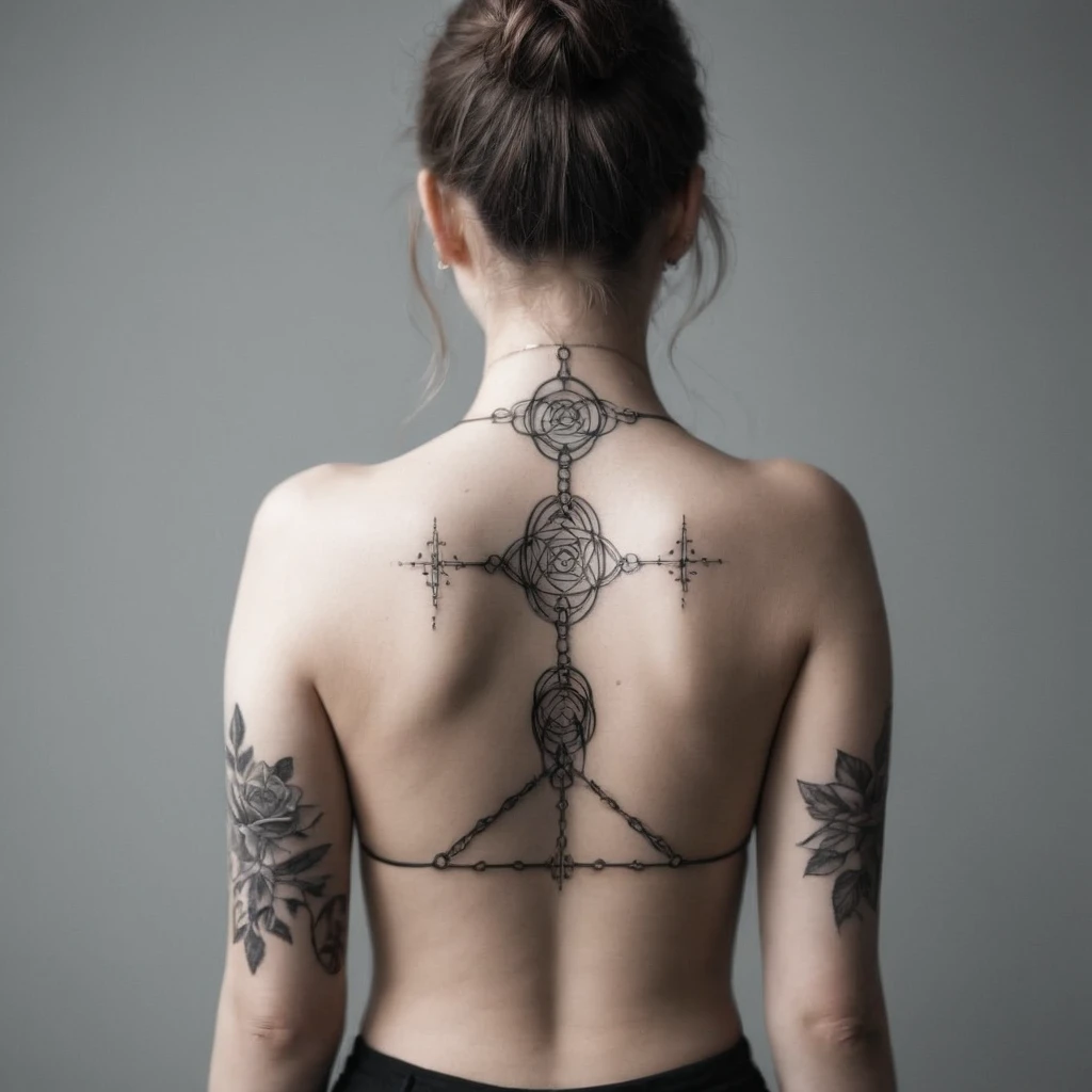 fille ampereart de dos avec un tatouage d’un schéma électrique et structure physique quantique, bare back,  More details, Improve, ((Masterpiece in maximum resolution of 16K):1.6),((gentle_color_photographie:)1.5), ((ultra-detailed):1.4), pose dynamique 