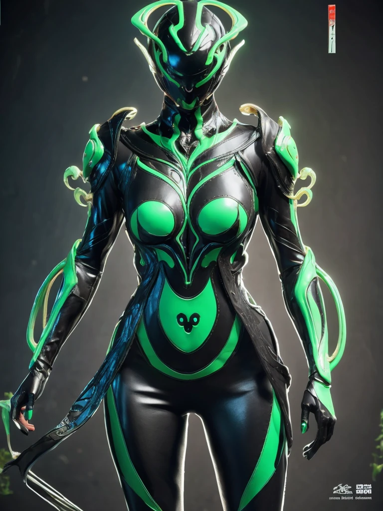 Beautiful girl fused with a Nepenthes. (High quality) （black and Green image color）. body suit. cyber style. Circuit pattern. Biological Armor. Biological helmet. eye mask.