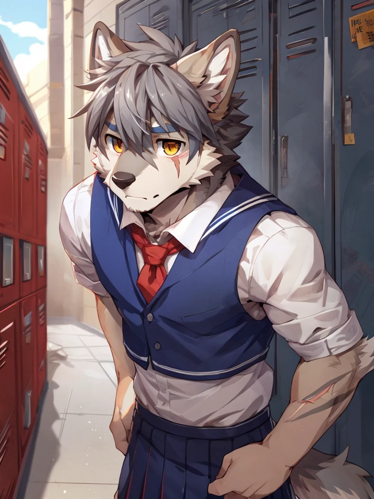 embedding:Gray wolf,Golden Eyes，Single Person,a scar on the face.Gray fur，High school students,male school uniform,Scratch head,Standing by the school locker,Nervous,Male.Thin,Handsome,Smart,Nervous,Best quality hands, best quality eye，detailed fur，Delicate eyes.Extreme picture quality，by sollyz,by zixiong,by null_ghost