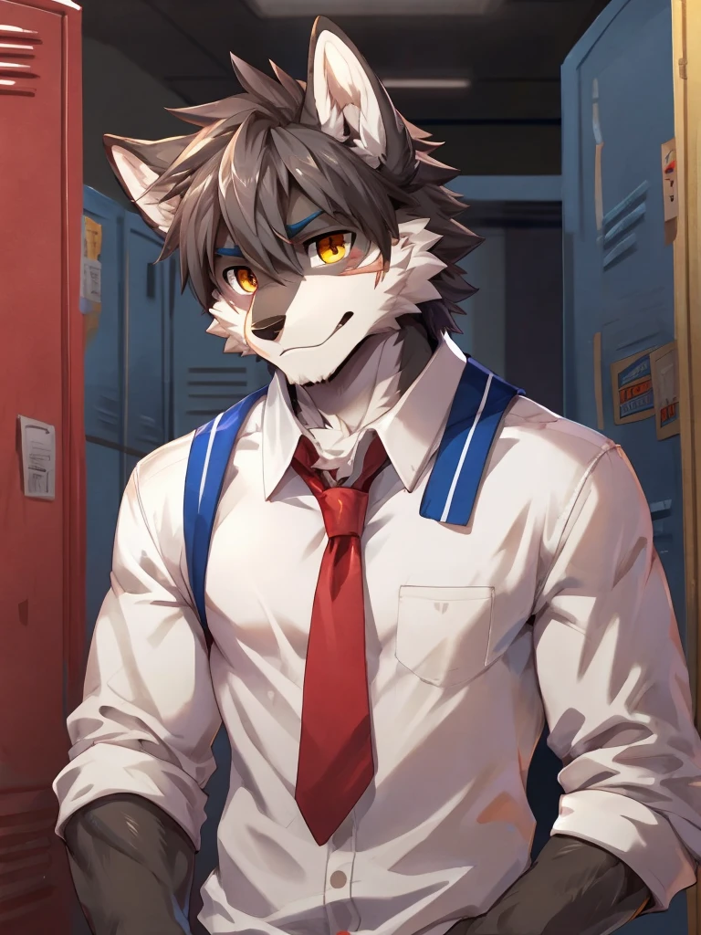 embedding:Gray wolf,Golden Eyes,Single Person,a scar on the face.Gray fur,High school students,male school uniform,Scratch head,Standing by the school locker,Nervous,Male.Thin,Handsome,Smart,Nervous,Best quality hands, best quality eye,detailed fur,Delicate eyes.Extreme picture quality,by sollyz,by zixiong,by null_ghost