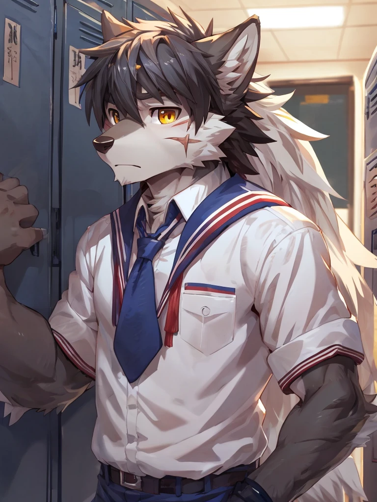 embedding:Gray wolf,Golden Eyes,Single Person,a scar on the face.Gray fur,High school students,male school uniform,Scratch head,Standing by the school locker,Nervous,Male.Thin,Handsome,Smart,Nervous,Best quality hands, best quality eye,detailed fur,Delicate eyes.Extreme picture quality,by sollyz,by zixiong,by null_ghost