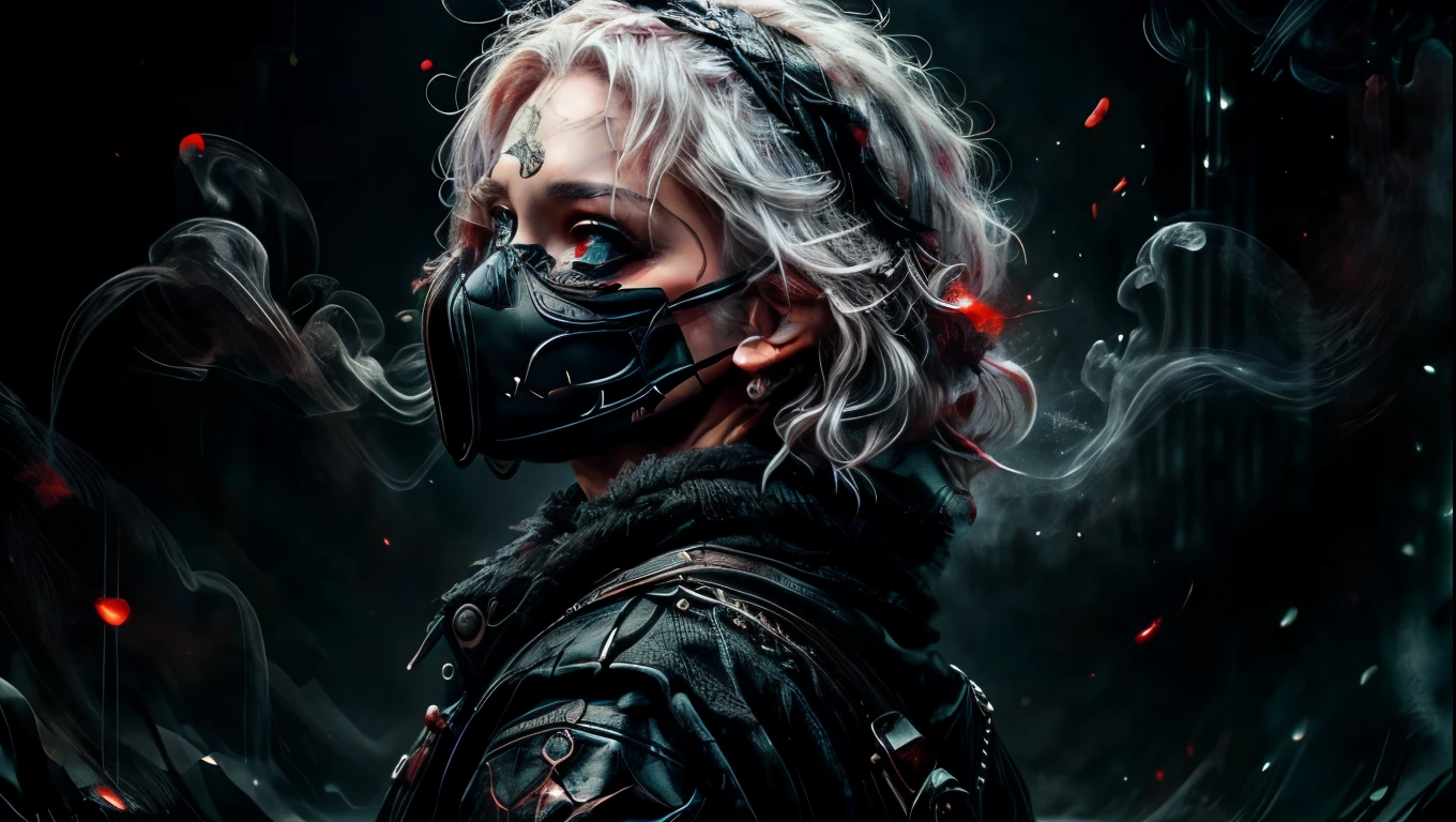 a woman with purple black smoke coming out of her eyes and mouth, dark background, cinematic lighting, dark fantasy, ethereal, dramatic, high contrast, moody, intense, mysterious, supernatural, surreal, (best quality,4k,8k,highres,masterpiece:1.2),ultra-detailed,(realistic,photorealistic,photo-realistic:1.37),digital art, dark art, concept art, dark fantasy art, dark portrait, dark fantasy portrait, ((wearing a black mask)), ((red eyes)), ((white hair))