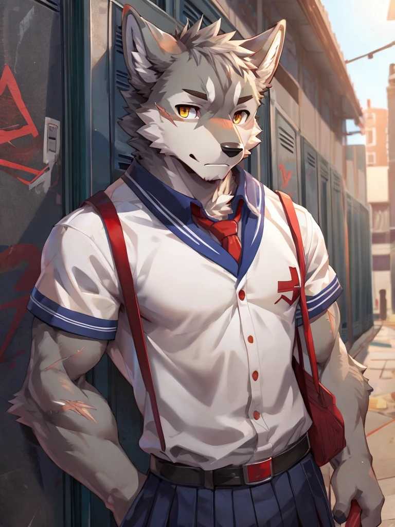 embedding:Gray wolf,Golden Eyes，Single Person,a scar on the face.Gray fur，High school students,male school uniform,Scratch head,Standing by the school locker,Nervous,Male.Thin,Handsome,Smart,Nervous,Best quality hands, best quality eye，detailed fur，Delicate eyes.Extreme picture quality，by sollyz,by zixiong,by null_ghost