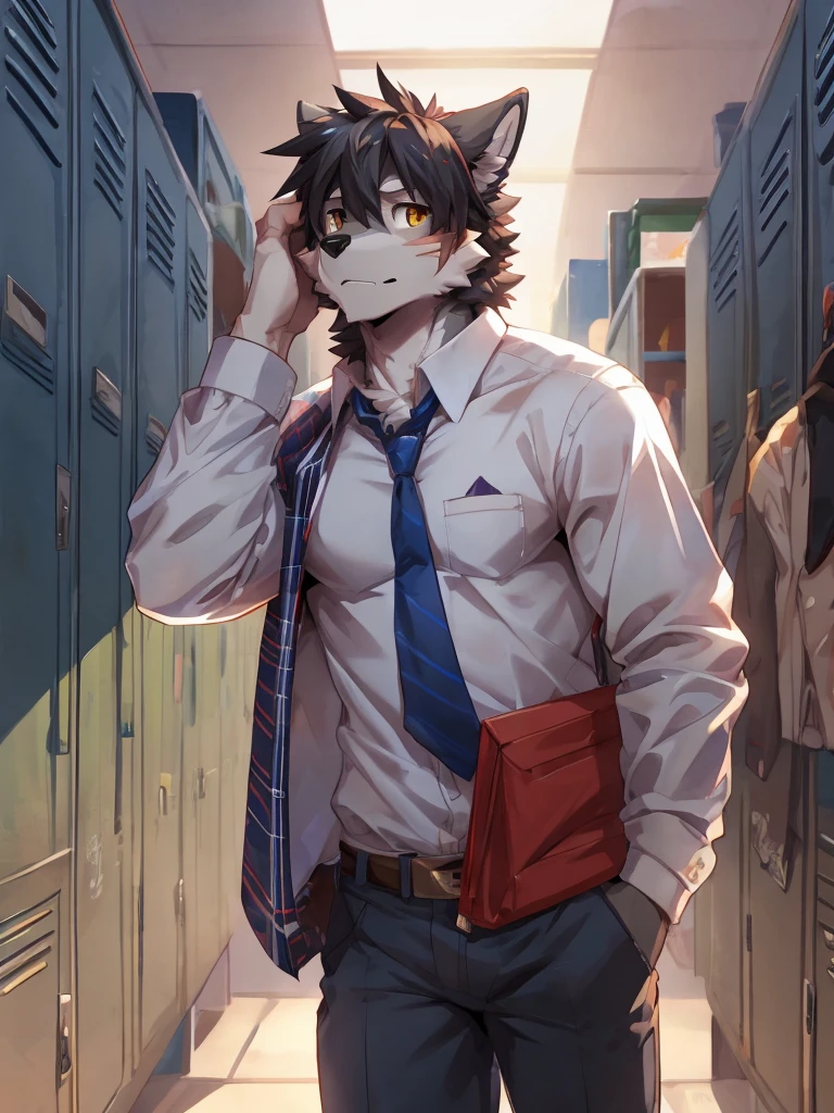 embedding:Gray wolf,Golden Eyes，Single Person,a scar on the face.Gray fur，High school students,male school uniform,Scratch head,Standing by the school locker,Nervous,Male.Thin,Handsome,Smart,Nervous,Best quality hands, best quality eye，detailed fur，Delicate eyes.Extreme picture quality，by sollyz,by zixiong,by null_ghost