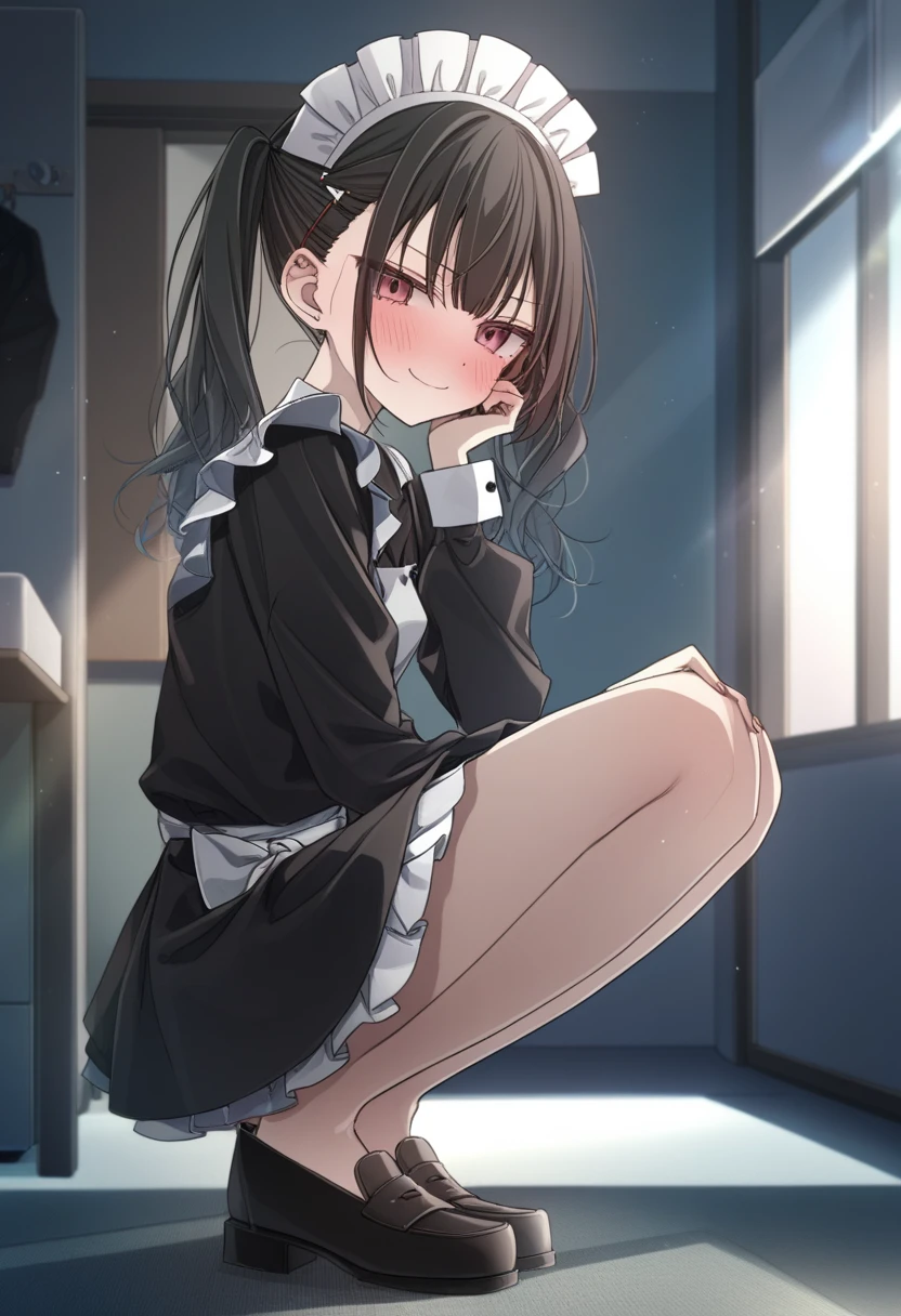 Highest quality, masterpiece, High Resolution, One girl, pooping, Aoko, long hair, brown hair, black shirt, red dress, long sleeves, black pantyhose, Aozaki 　Aoko, farting, Ass, hyper Ass, huge Ass,  Crouching,