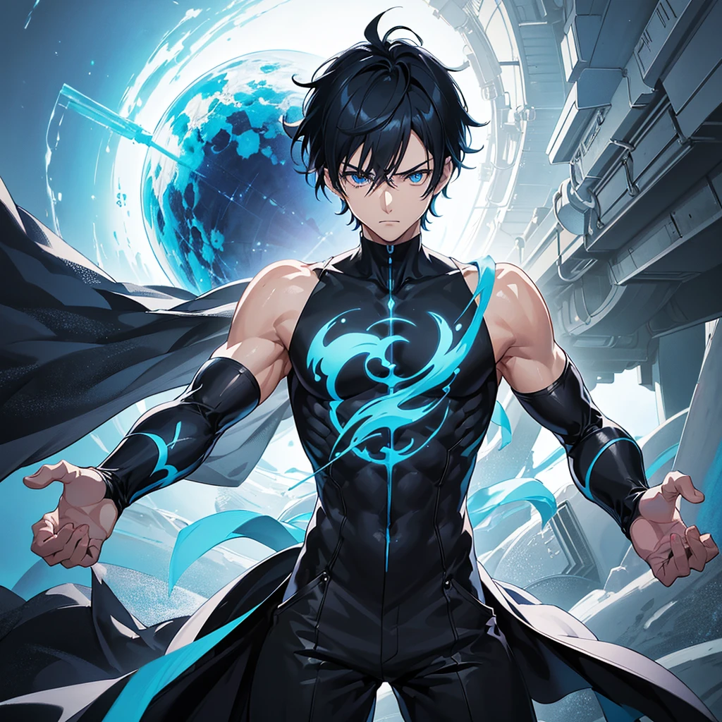 male thin anime character, medium black hair, light blue eyes, wearing a sleeveless black shirts, black pants, an blue powerful sphere coming out of his hands ((best quality, 8K, ultra detailed, sci-fi theme, Yusuke Murata art style, masterpiece high resolution))