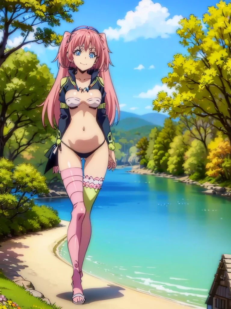 1 female、That Time I Got Reincarnated as a Slime、（naked girl）、masterpiece、highest quality、Accurate、and soul、 of the devil、Eimei、Beautifully detailed blue eyes、(((pink hair)))、both sides、tales proud doubles, (((She is wearing super short panties that only cover her breasts.、True to the original、((barefoot)), muscular belly, ((Beautiful muscular legs)),  (smile), On the beach under the scorching sun, bare chest, hands behind head（（（detailed eyes、blue eyes）））、（（（spread your legs）））、twin tails、Kick up