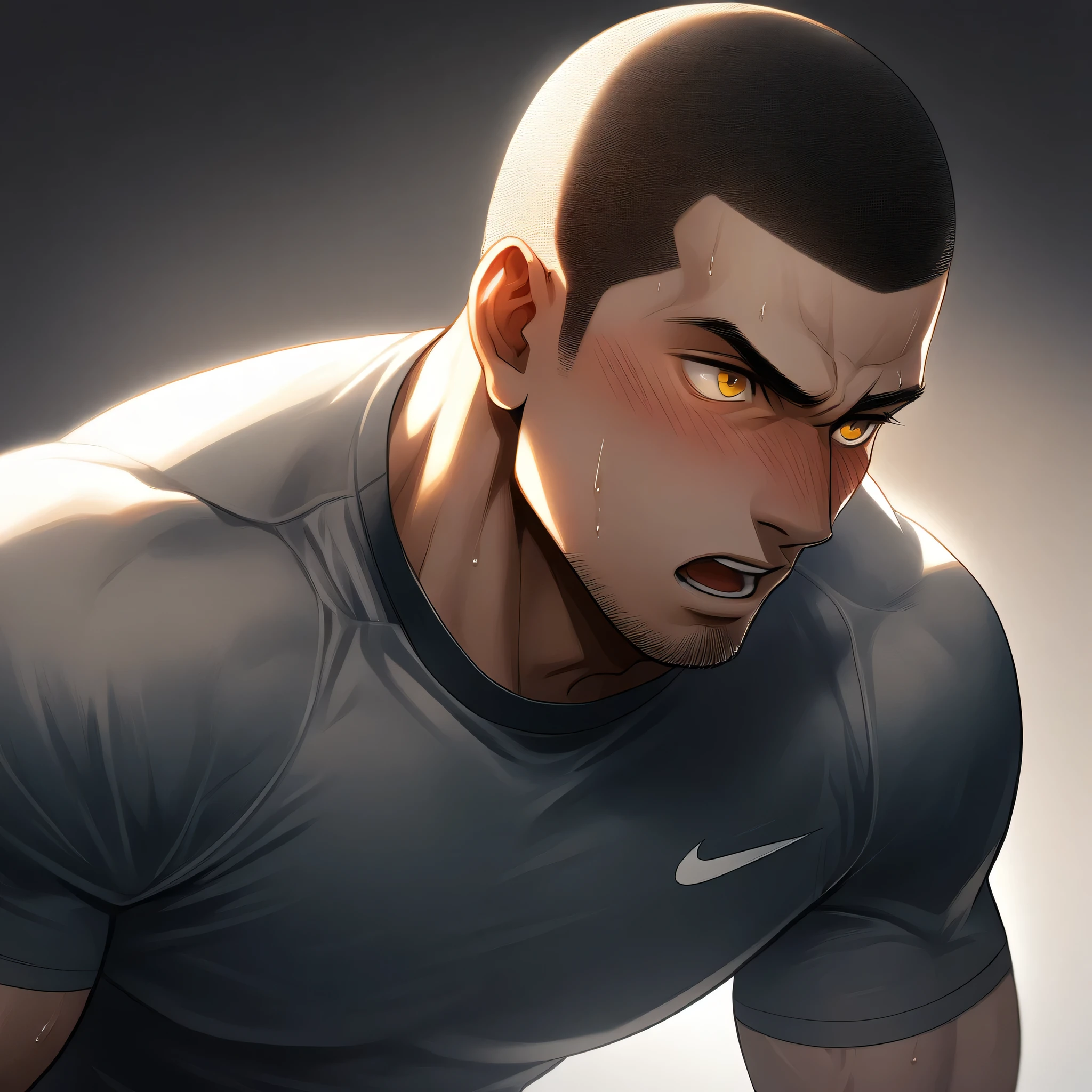 1muscular sportsman, Athlete，male focus, Buzz Cut, Yellow and black tight T-shirt, nike logo，Very tight, muscular male, muscular, only, Upper body, alone, look to the side, short hair, stubble, sweat, black hair, Yellow eyes, open lips, White background, simple background, amazing quality, best aesthetics, Ridiculous, crew cut, moaning, blush, clair obscur, cinematic lighting, best quality, textured skin
