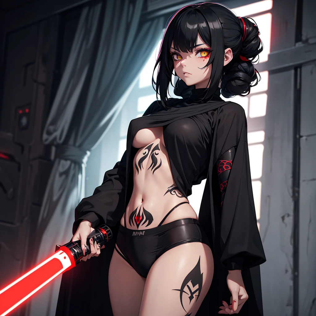 The girl is a Sith lord. She is wearing a black top and underpants. her skin is covered with black tattoos. She has red-yellow eyes. She holds a red lightsaber in each hand.