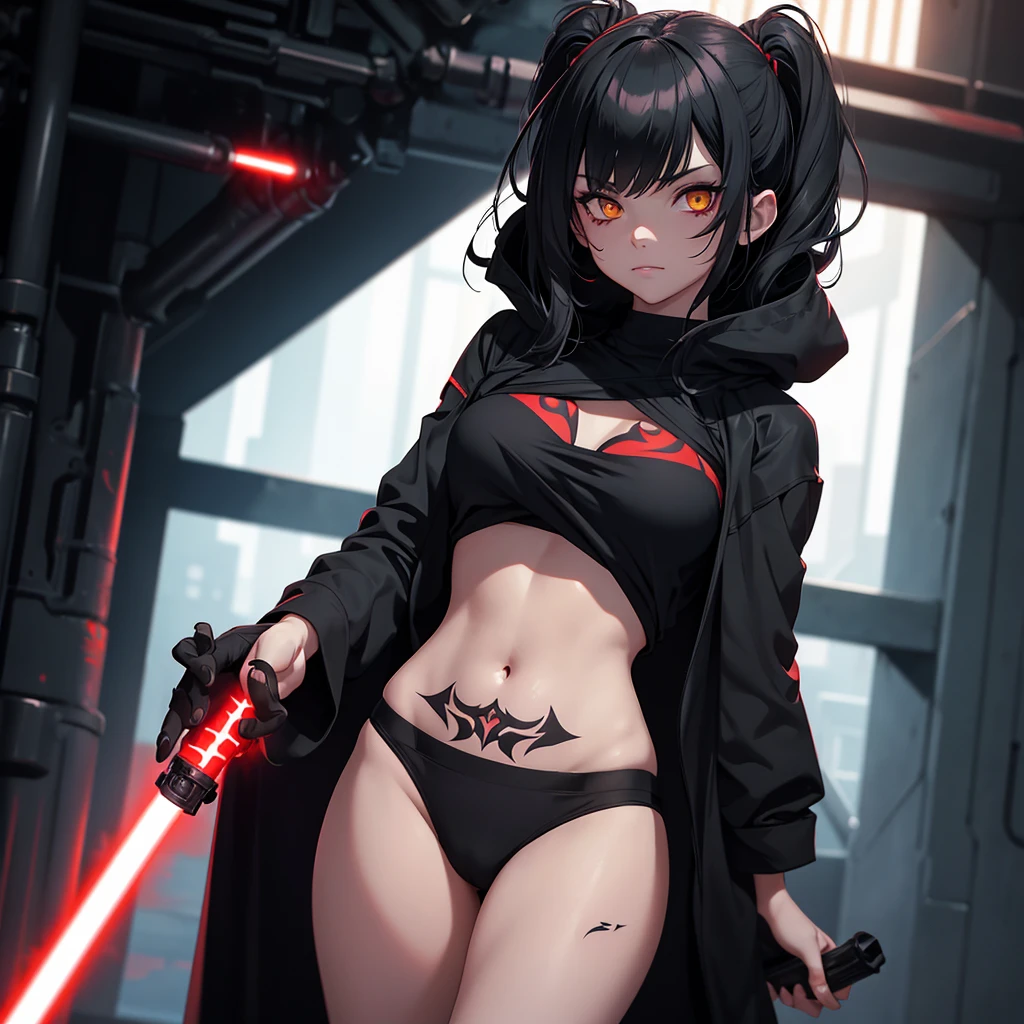 The girl is a Sith lord. She is wearing a black top and underpants. her skin is covered with black tattoos. She has red-yellow eyes. She holds a red lightsaber in each hand.