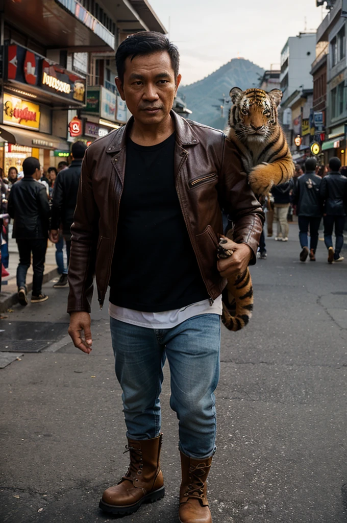 Indonesian man aged 45 wearing a leather jacket, standing, wearing mountain boots, carrying a tiger, with a background in the city crowd. super realistic, 8k