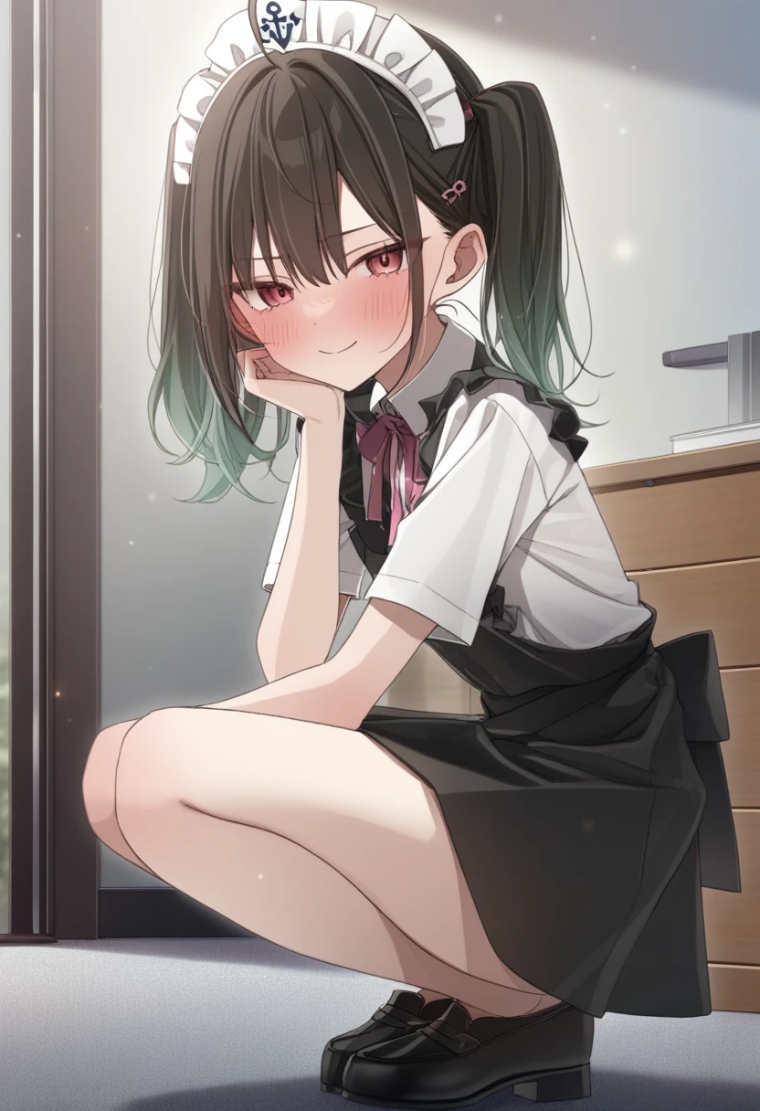 1girl, ciloranko, kawai ritsu \(rits meg\), noyu \(noyu23386566\), wanke, minato_ojitan, post editing, studio anime, anime screencap:1.1, official art, absurdres, best quality, perfect anatomy, newest, new, blue archive, kazusa \(bluearchive\), black hair, blush, breasts, thighs, parted to one side, blunt bangs, glossy hair, moist skin, glossy skin, delicate details, smooth, 18 years old, adult woman, hair behind ear, medium breasts, from side, full body, squatting, looking at viewer, own hand on face, twintails, wavy hair, black hair, medium length, maid, white head dress, black loafers, smug smile, closed mouth, brown eyes, content expression, half-lidded eyes, mature_female, lustful body, half-closed eyes, adoring gaze, indoors, solo, light particles, solar flare, depth perception
