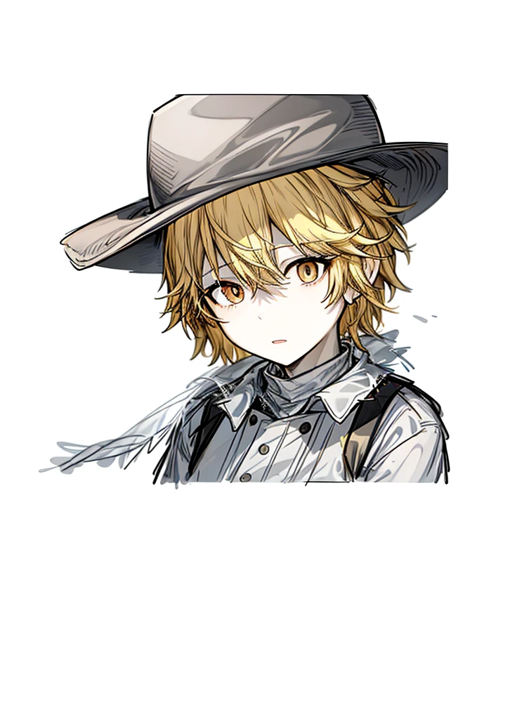 1boy, pale skin, brown eyes, yellow hair, farmer, nice clothes, (high resolution, high detail, best quality),
black background, cheerful, cowboy hat,