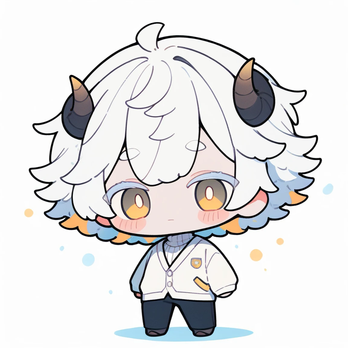 {{full body}} 1boy, solo, white hair, short hair, yellow eyes, sheep horns, white cardigan, white turtleneck, balck pants, white background, standing