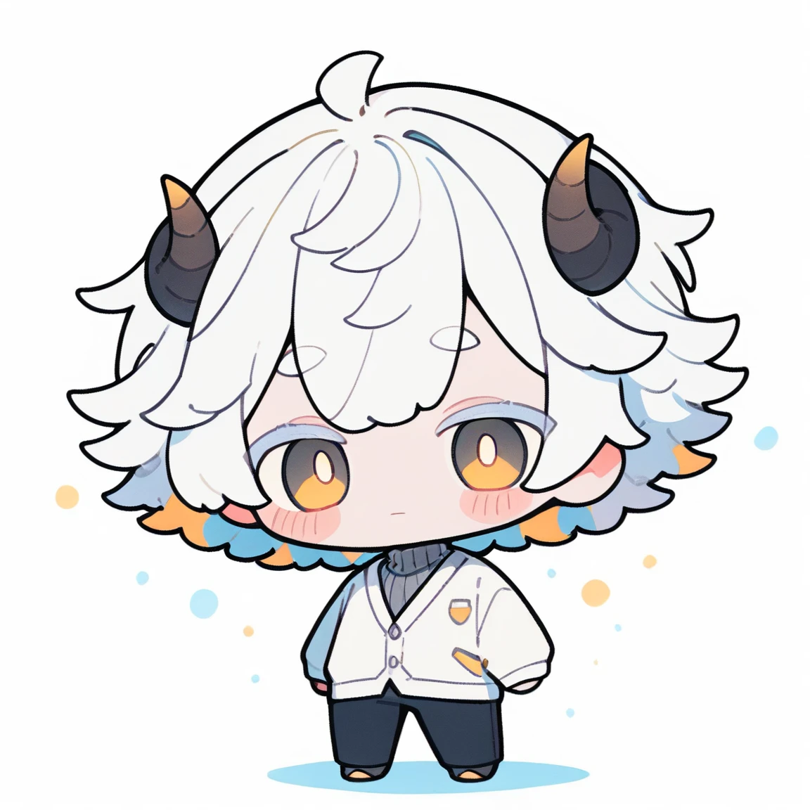 {{full body}} 1boy, solo, white hair, short hair, yellow eyes, sheep horns, white cardigan, white turtleneck, balck pants, white background, standing