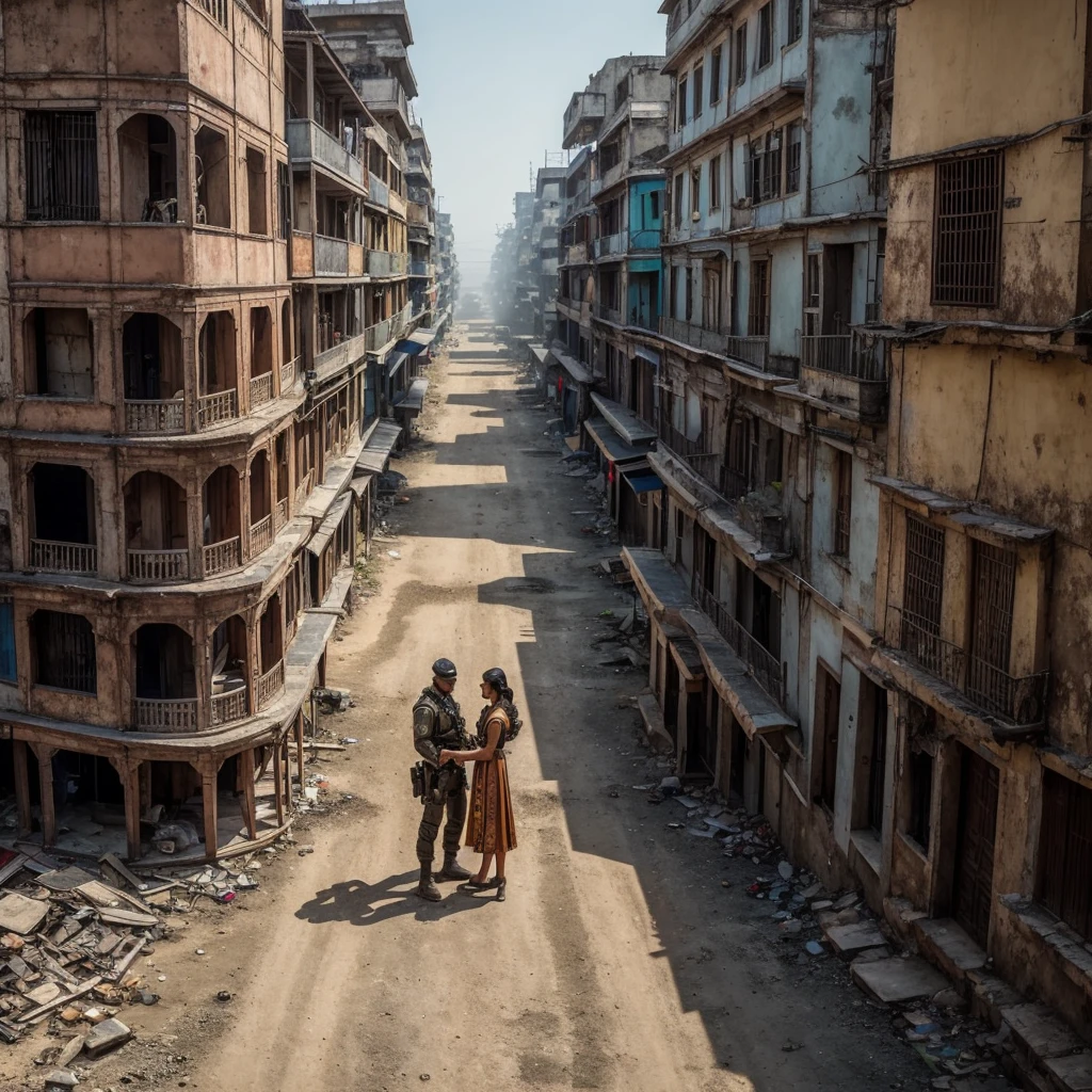 A stunning 32K, UHD live action photorealistic portrait showcasing a woman and a handsome man, both clean-faced, serious expressions. They appear to be surveying their surroundings in a dilapidated street. Clad in specialized military attire and equipped with gear reminiscent of Resident Evil, they stand amidst enigmatic, bengalured buildings. The image is captured from an aerial view, showcasing intricate details and vibrant colors, creating an atmosphere of suspense and mystery., vibrant, portrait photography