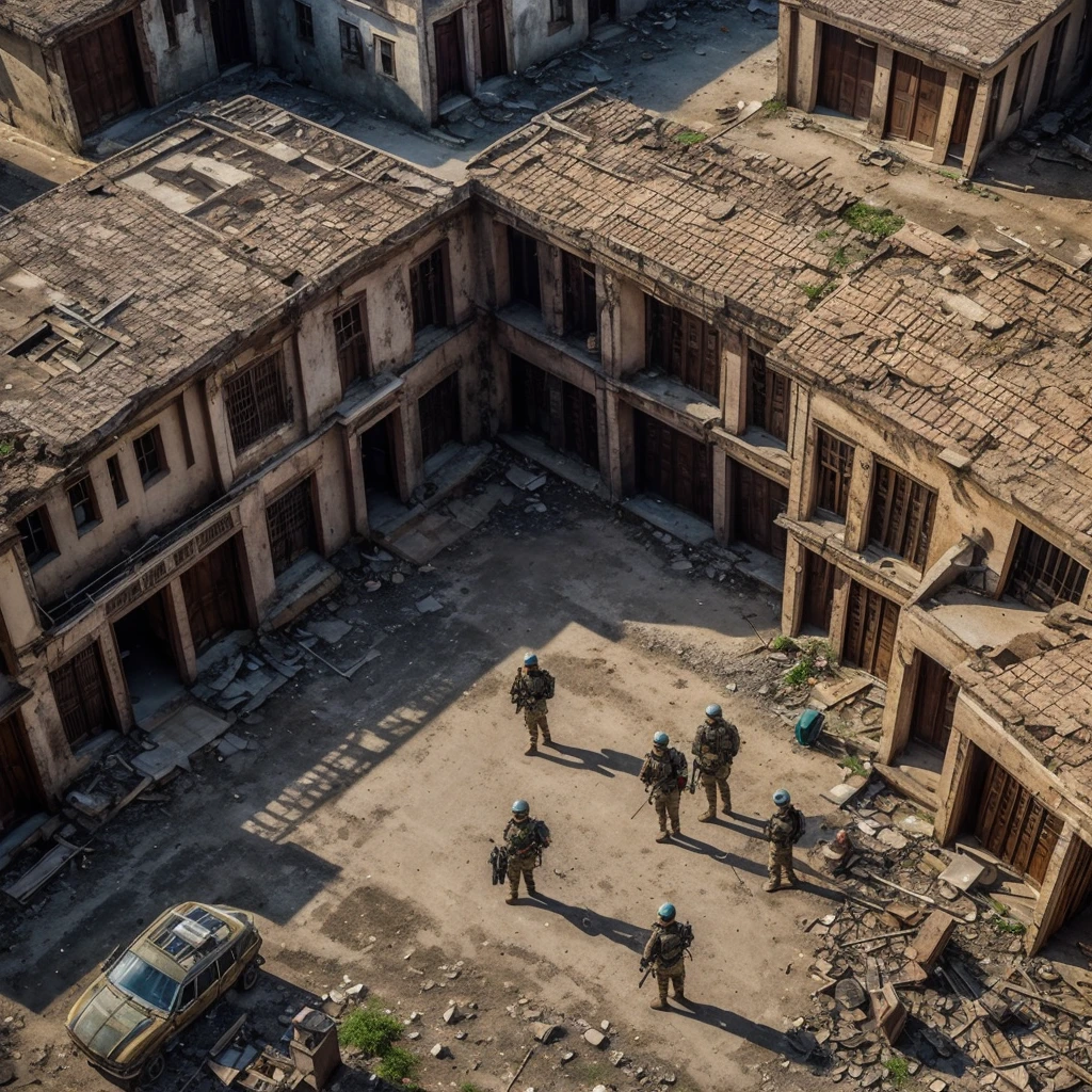 A stunning 32K, UHD live action photorealistic portrait showcasing a woman and a handsome man, both clean-faced, serious expressions. They appear to be surveying their surroundings in a dilapidated street. Clad in specialized military attire and equipped with gear reminiscent of Resident Evil, they stand amidst enigmatic, bengalured buildings. The image is captured from an aerial view, showcasing intricate details and vibrant colors, creating an atmosphere of suspense and mystery., vibrant, portrait photography