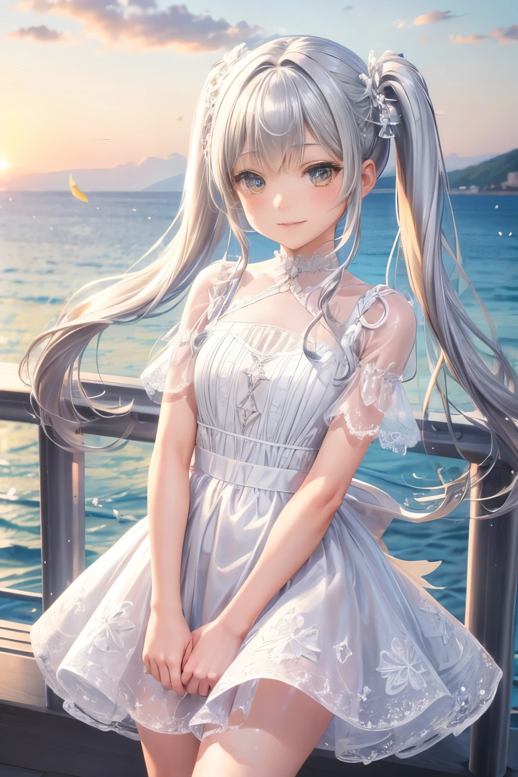 girl　long silver twintails　Cute detailed face shiny smile　Lemon  yellow detailed lace Short dress　Seaside in summer  Skirts that flip in the wind　on Yatch