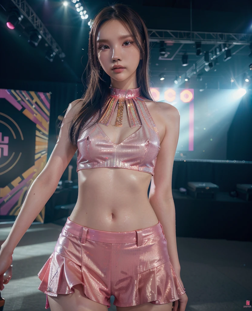 a young kpop idol girl,detailed beautiful face,sparkling eyes,glossy lips,slender figure,dynamic pose,colorful outfit,stage setting,dynamic lighting,cinematic camera angle,photorealistic,award-winning digital art,highly detailed,cinematic lighting,vibrant colors,intricate details