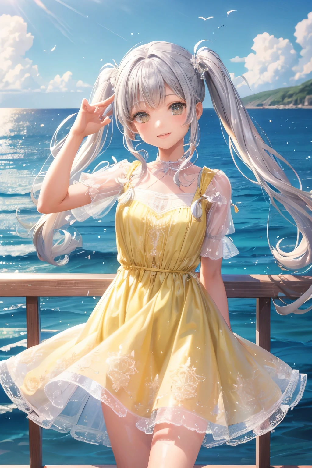 girl　long silver twintails　Cute detailed face shiny smile　Lemon  yellow detailed lace Short dress　Seaside in summer  Skirts that flip in the wind　on Yatch