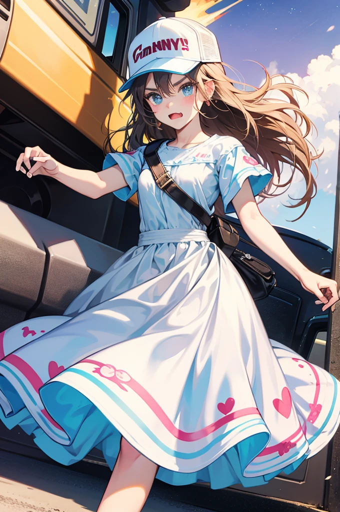 a trucker princess, wears a dress and a baseball cap, has an angry expression