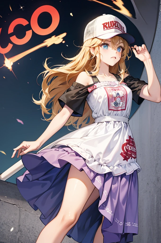 a trucker princess, wears a dress and a baseball cap, has an angry expression