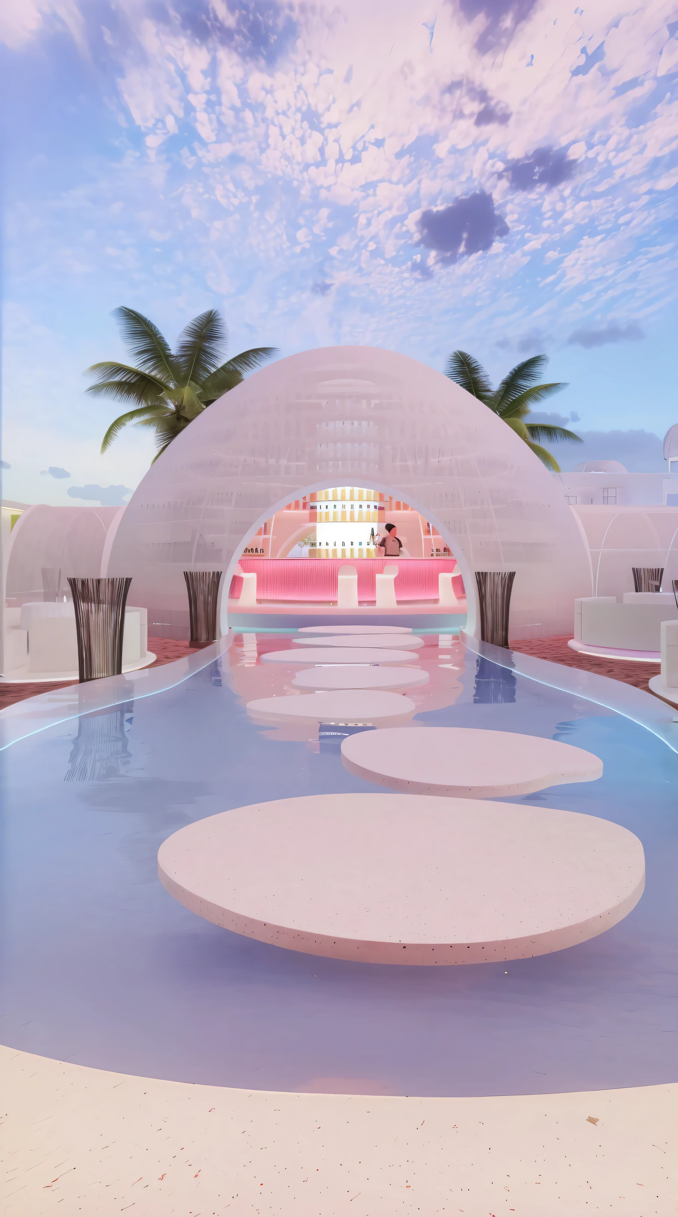 （masterpiece, best quality, high quality, Extremely detailed CG Unity 8K wallpaper, Realistic photos, Depth of Field）, A bar with a white dome, In a futuristic desert palace, Kawaii HD Rendering, Karim Rashid, Inspired by Joao Artur da Silva, take, Vaporwave Building, Neon City Dome, Palace on the water, Inspired by Cherryl Fountain, Pink Arch, Inspired by Riccardo Bofill, In a Candy Land-style house, Dreamy atmosphere