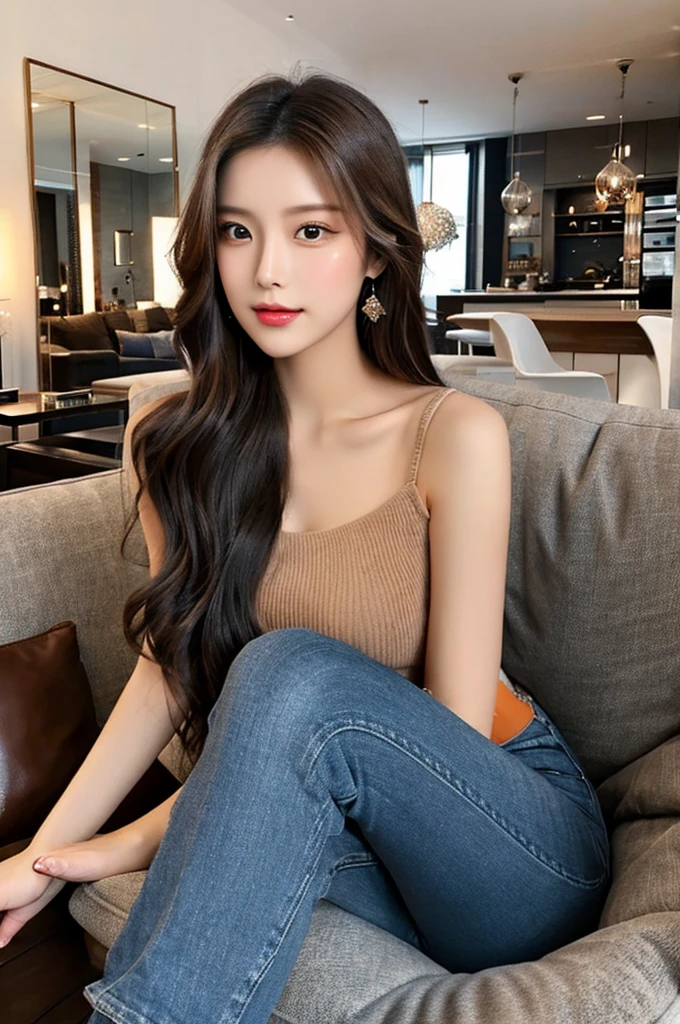 Generate an image of a stunning 20-year-old Asian woman with beauty akin to a goddess of the fire element. She has big brown eyes, dark brown hair, glowing skin, and an attractive appearance. She is wearing a beautiful top paired with blue skinny jeans. The woman is sitting sweetly on a living room sofa, her posture relaxed and inviting, surrounded by cozy and elegant decor.