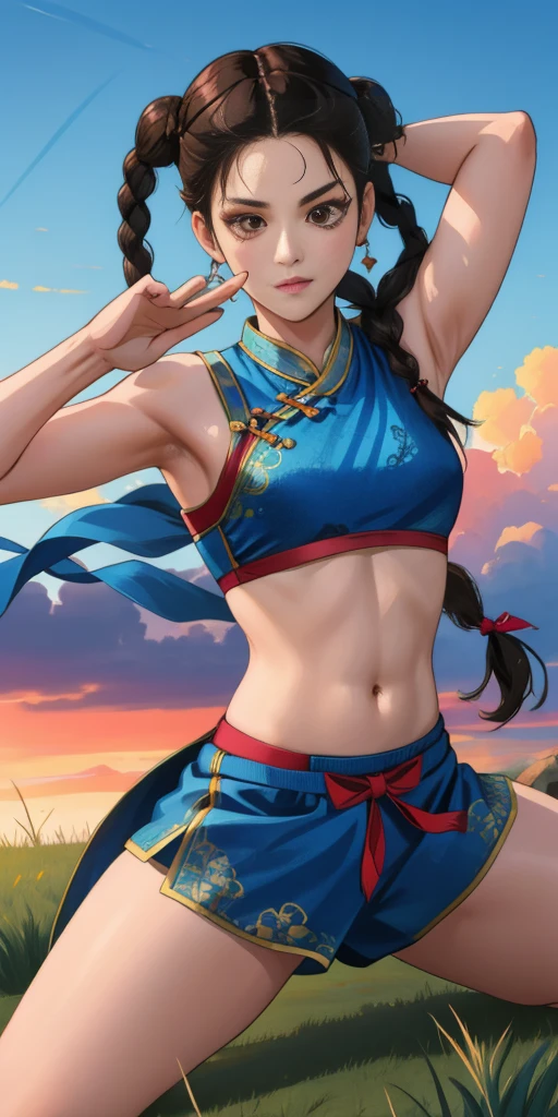 Paichan, Twin braids with blue ribbon, Brown eyes, Double Bang,Black Hair, alone , Tai Chi stance, close,
disappointing,Bikini、Kung Fu Pose、High Kick、
 blue sky, cloudy, evening, grassland, 
(Very detailed, Beautifully detailed face, masterpiece, Highest quality)   