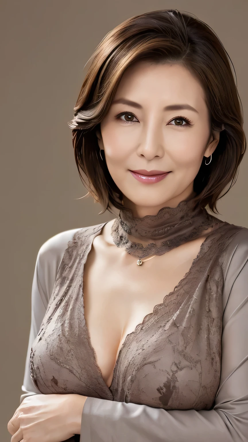 (Highest quality,8K,masterpiece),Mature Japanese Woman,sexy,Age 35,ash brown short hair,((Big Breasts))turtleneck、smile、gray plain background、Surreal、View photographer、Fine wrinkles on the skin、Emphasize the chest、Natural Makeup、Chest、Open clothing、lingerie