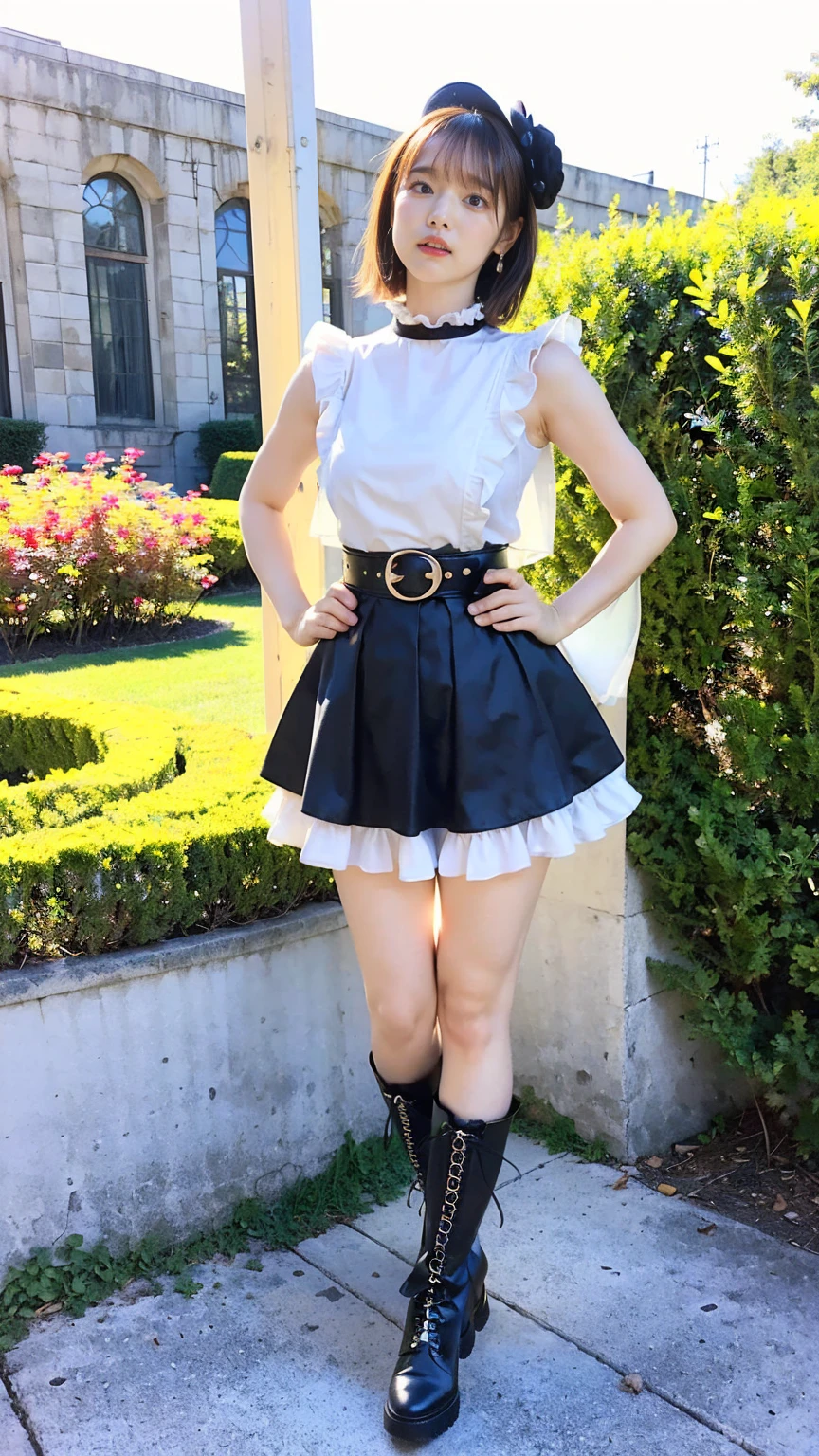 (8K、RAW Photos、Highest quality、masterpiece:1.2)、(Realistic、Realistic)、1 Girl、((mini skirt、See-through、Frills、Sleeveless、black、Thin legs、whole body、boots、one piece、garden、View from the front、Looking into the camera、belt、Stand with hands on hips))、cute