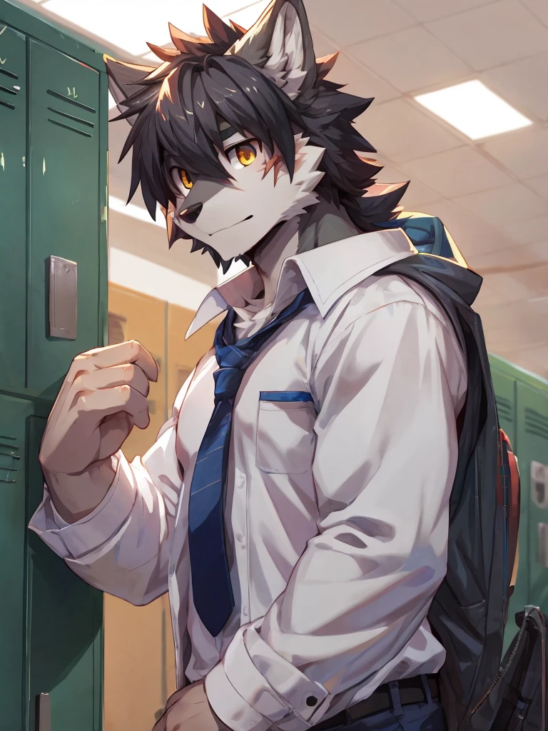 embedding:Gray wolf,Golden Eyes,Single Person,a scar on the face.Gray fur,no hair,High school students,male school uniform,Scratch head,Standing by the school locker,Nervous,Male.Thin,Handsome,Smart,Nervous,Best quality hands, best quality eye,detailed fur,Delicate eyes.Extreme picture quality,by sollyz,by zixiong,by null_ghost