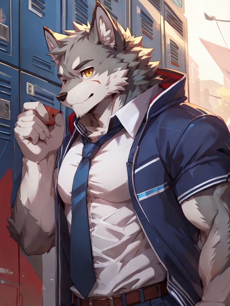 embedding:Gray wolf,Golden Eyes，Single Person,a scar on the face.Gray fur，no hair,High school students,male school uniform,Scratch head,Standing by the school locker,Nervous,Male.Thin,Handsome,Smart,Nervous,Best quality hands, best quality eye，detailed fur，Delicate eyes.Extreme picture quality，by sollyz,by zixiong,by null_ghost