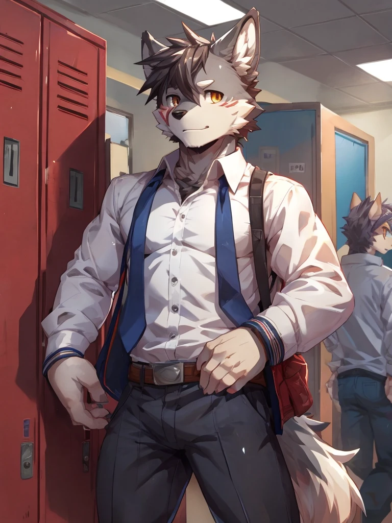 embedding:Gray wolf,Golden Eyes,Single Person,a scar on the face.Gray fur,no hair,High school students,male school uniform,Scratch head,Standing by the school locker,Nervous,Male.Thin,Handsome,Smart,Nervous,Best quality hands, best quality eye,detailed fur,Delicate eyes.Extreme picture quality,by sollyz,by zixiong,by null_ghost